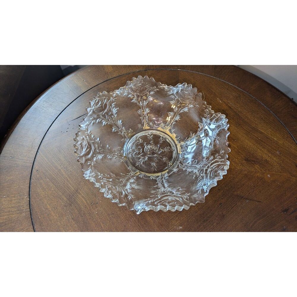 EAPG LABELLE ROSE CUT GLASS BOWL 1905 9.5" GOLD‎ EMBELLISHMENTS VINTAGE ANTIQUE